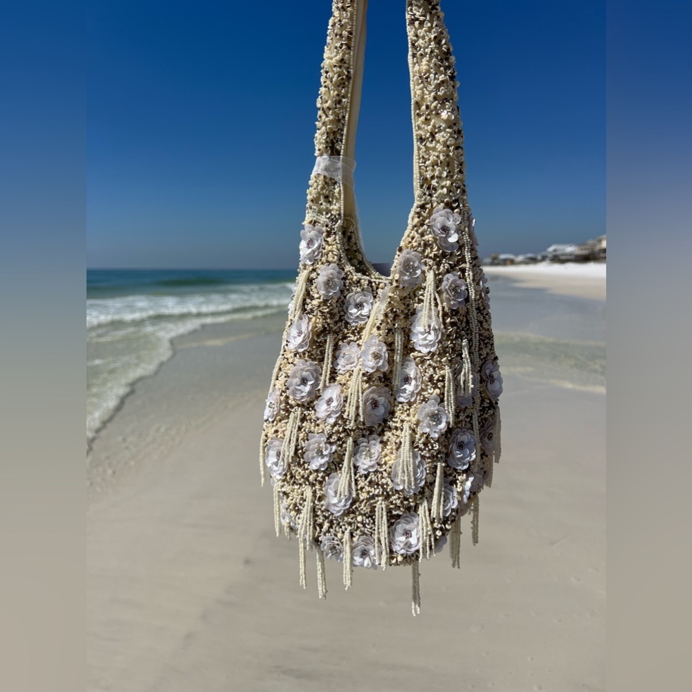 Viral Floral Beaded Bag with Knot Tie long Strap, Dimensional Floral Det…